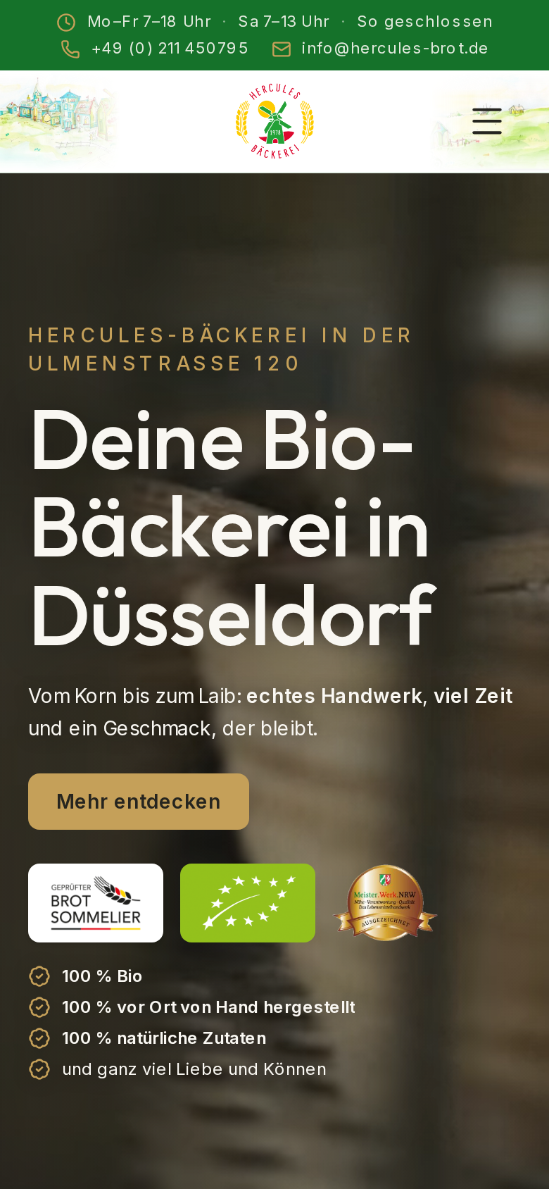 Mobile Ansicht der Website der Hercules Bäckerei
